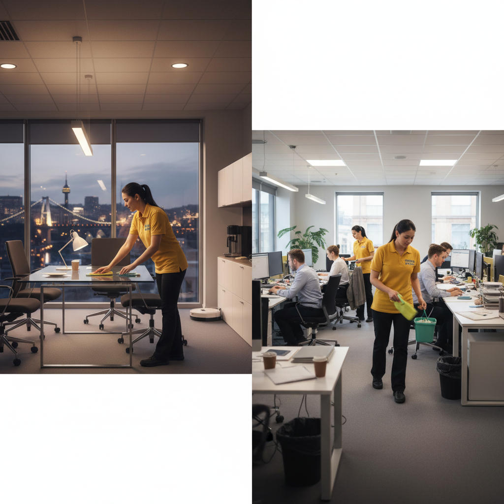 Professional cleaner in a Bristol office showing the difference between evening and daytime cleaning schedules