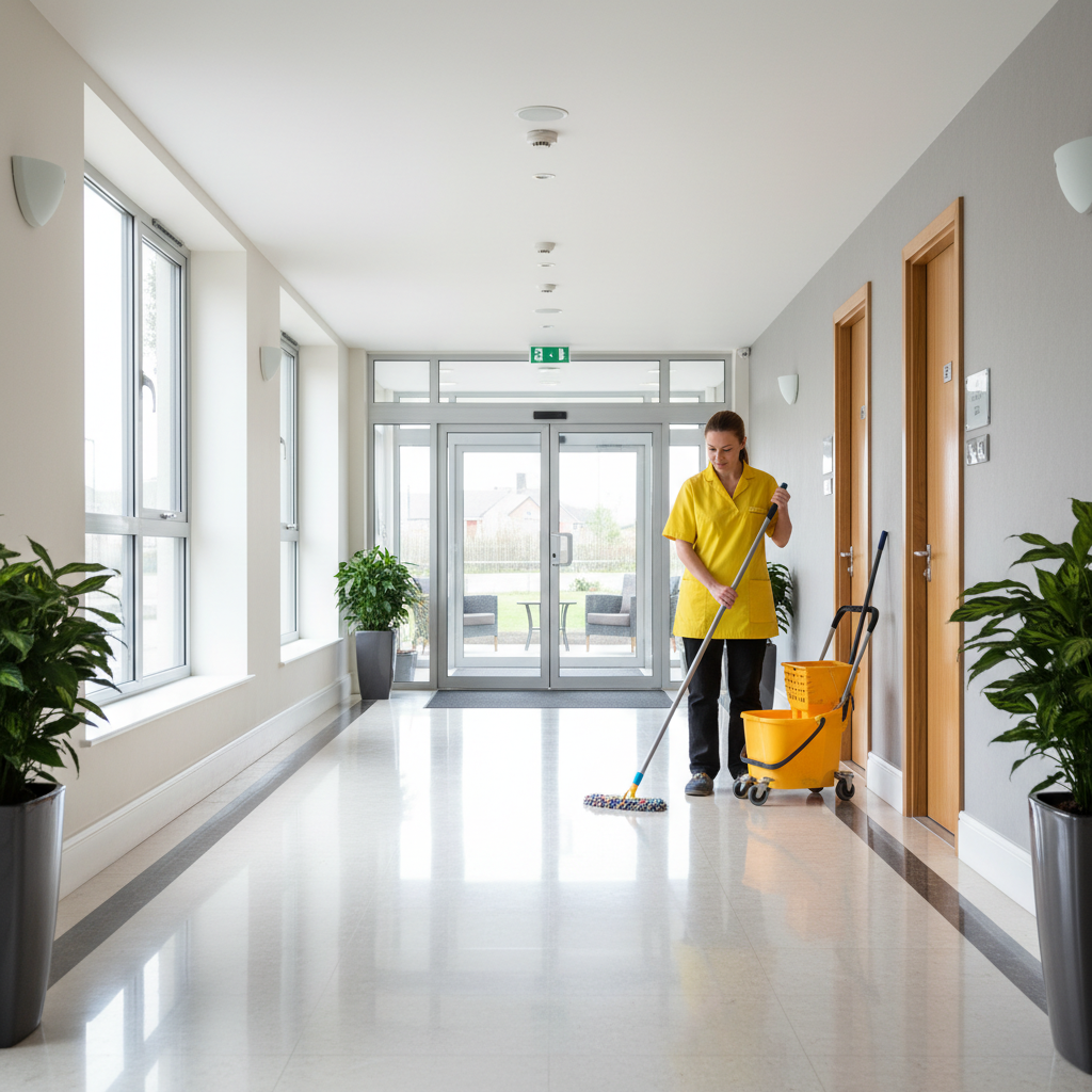 Professional cleaner maintaining the communal hallway of a residential block in Bristol