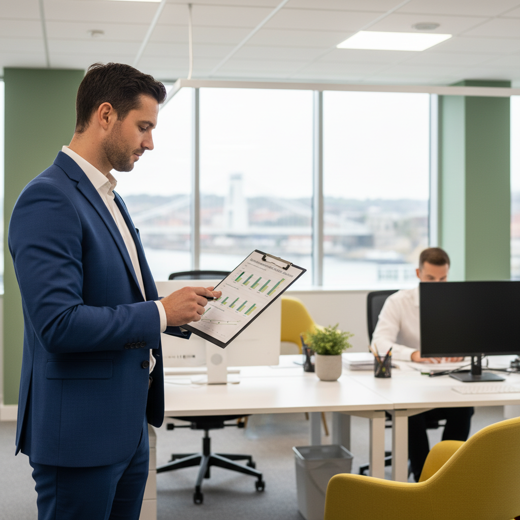 Facilities manager reviewing commercial cleaning costs in a modern Bristol office