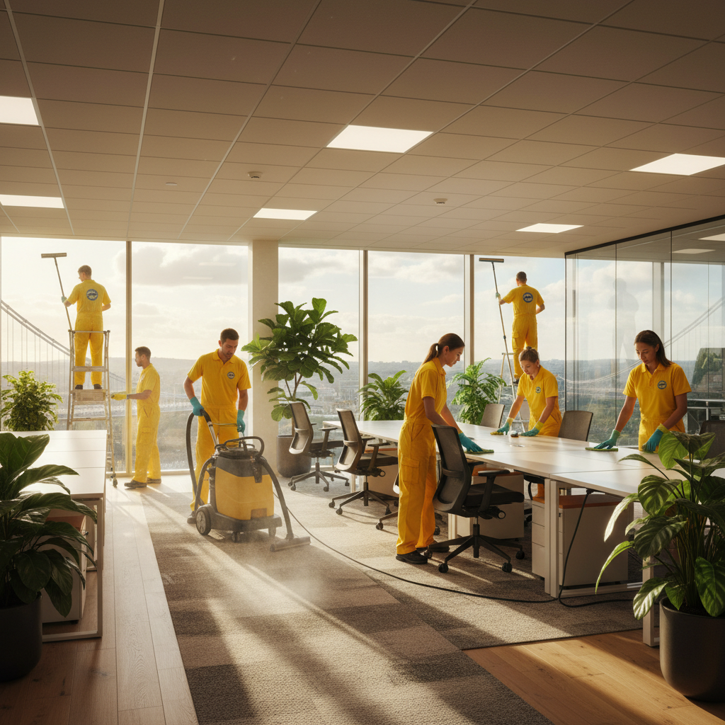 Professional cleaning team performing a seasonal deep clean of a modern Bristol office