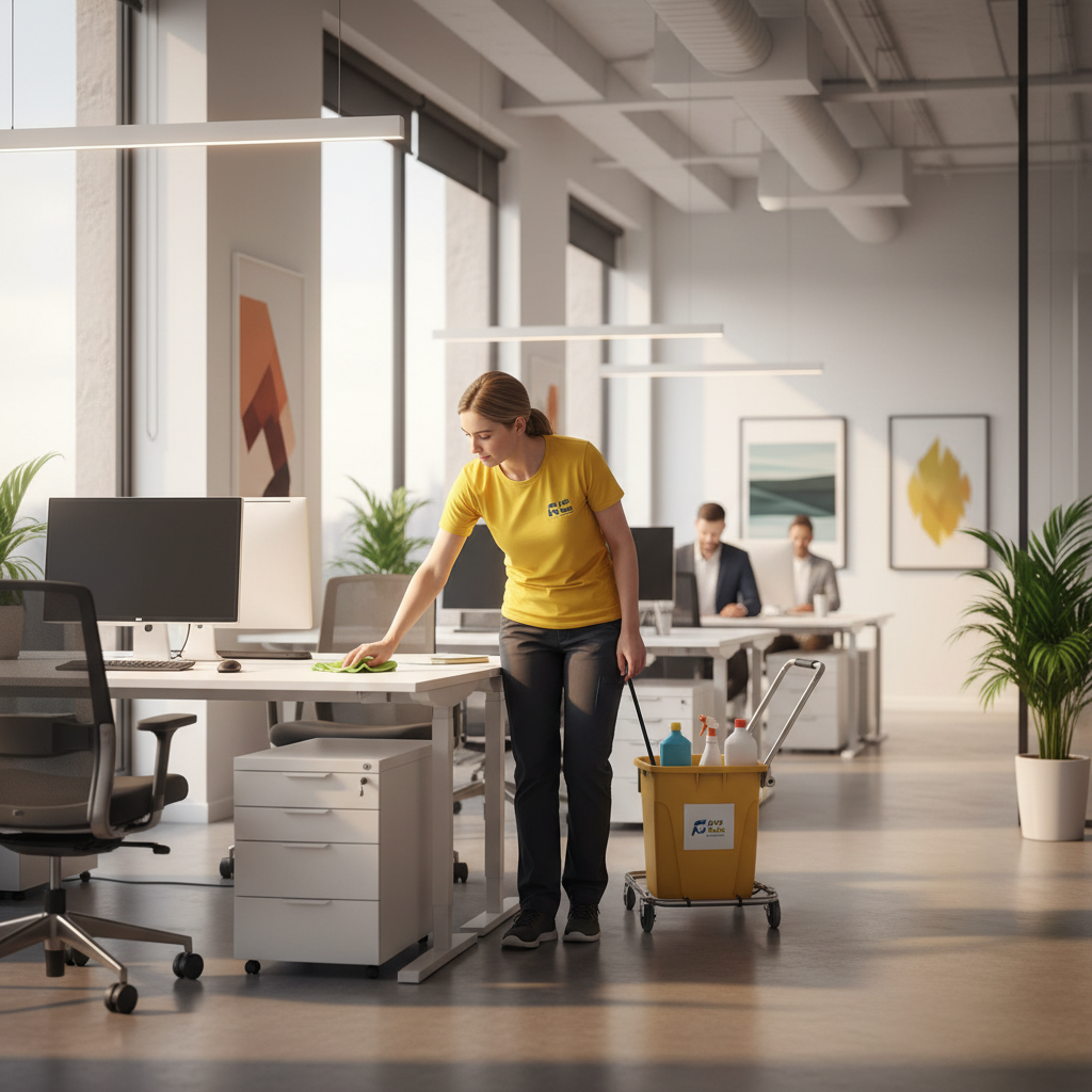 Professional employed cleaner in a branded uniform working in a modern Bristol office