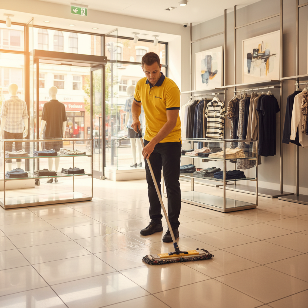 Professional retail store cleaner mopping a bright Bristol shop floor
