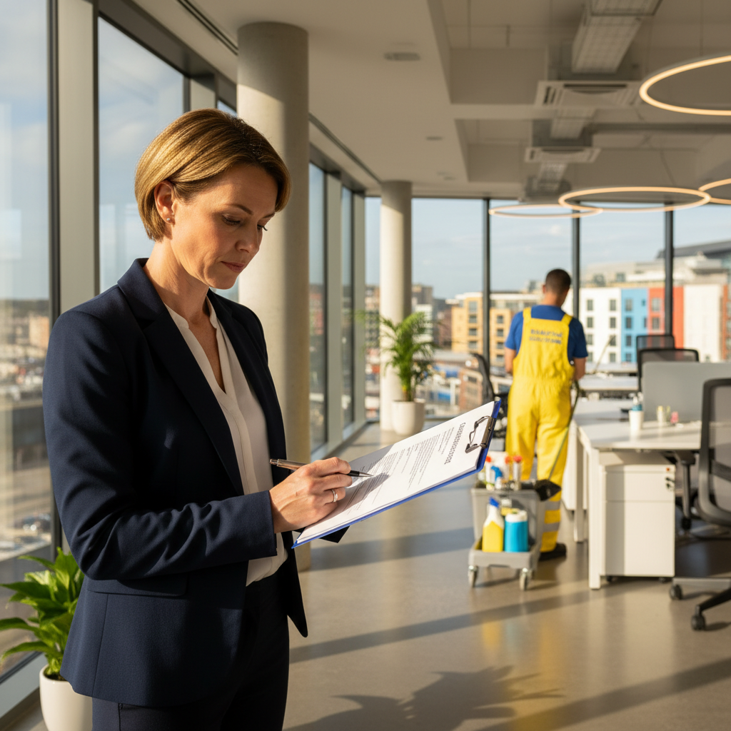 Facilities manager reviewing a commercial cleaning contract in a Bristol office