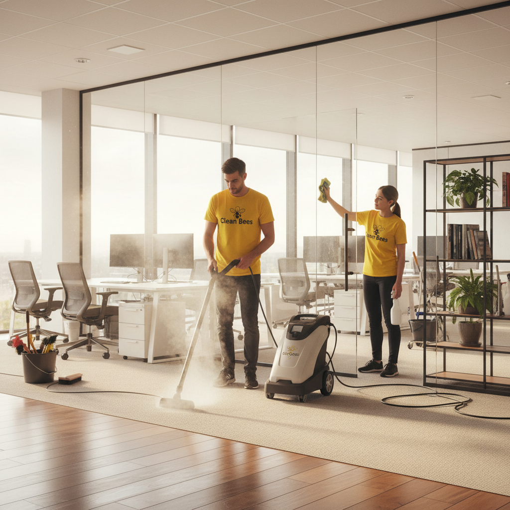 Commercial cleaning team performing an office deep clean in a Bristol office
