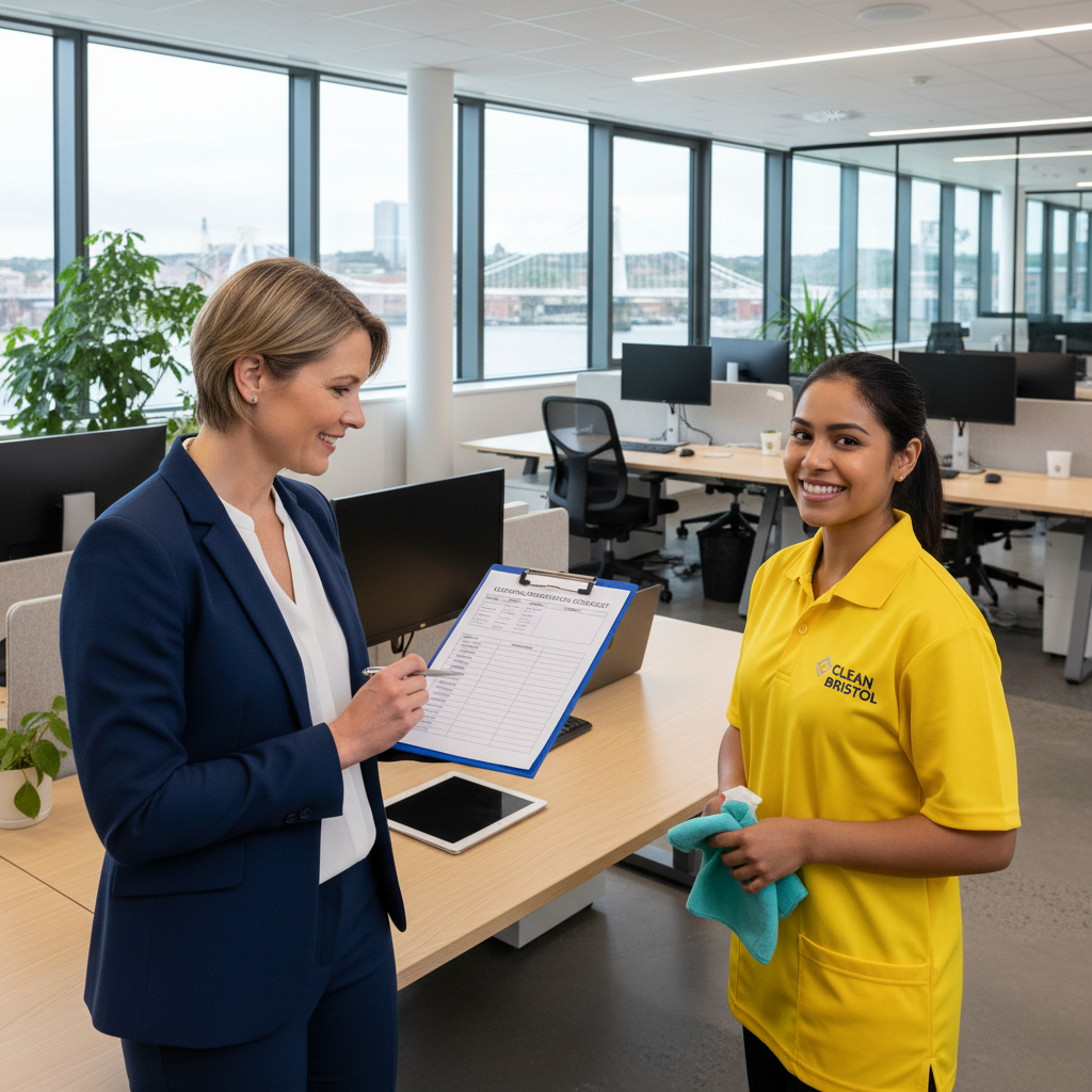 Facilities manager reviewing a cleaning specification document in a clean Bristol office