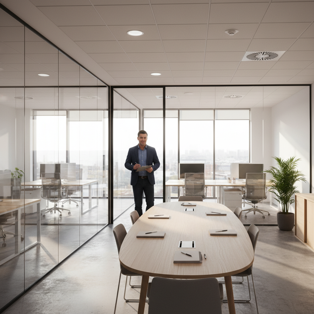 Facilities manager inspecting a clean, professional Bristol office interior