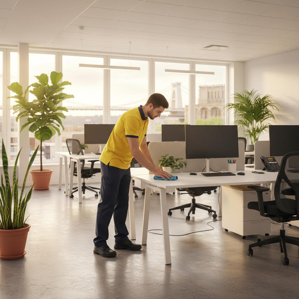 Professional office cleaner in Bristol wiping down a modern office desk — office cleaning costs Bristol 2026