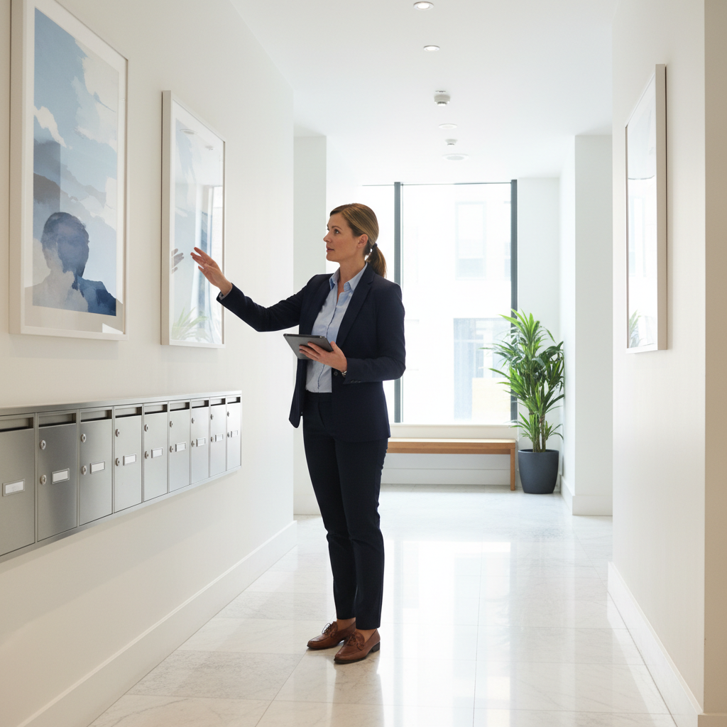 Property manager inspecting a clean communal hallway in a Bristol block of flats