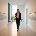 Property manager inspecting a clean communal hallway in a Bristol residential block