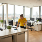 Professional office cleaner wiping a desk in a modern Bristol office