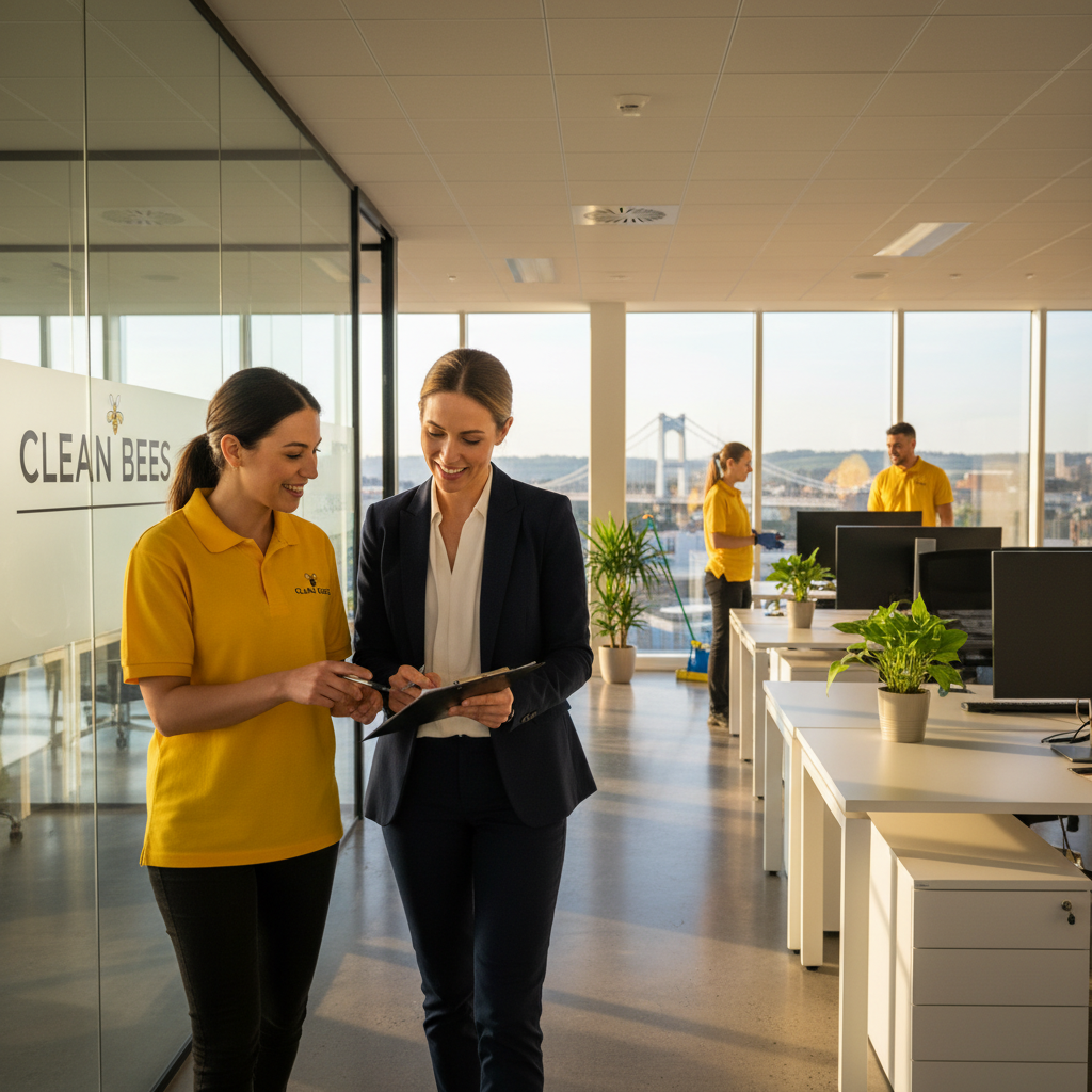 A Clean Bees team member conducting a site walkthrough with a facilities manager in a Bristol office