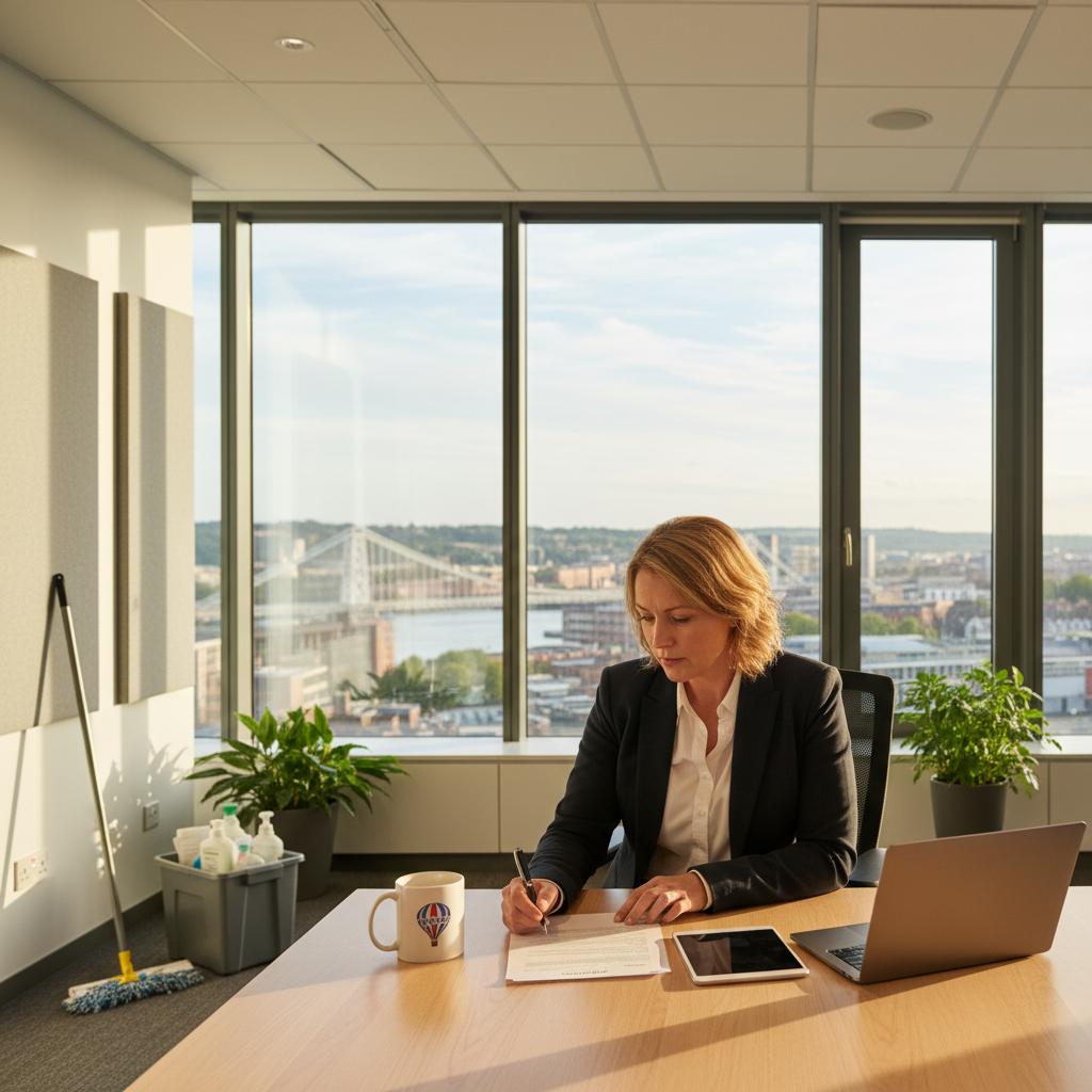 Facilities manager reviewing a commercial cleaning contract in a modern Bristol office