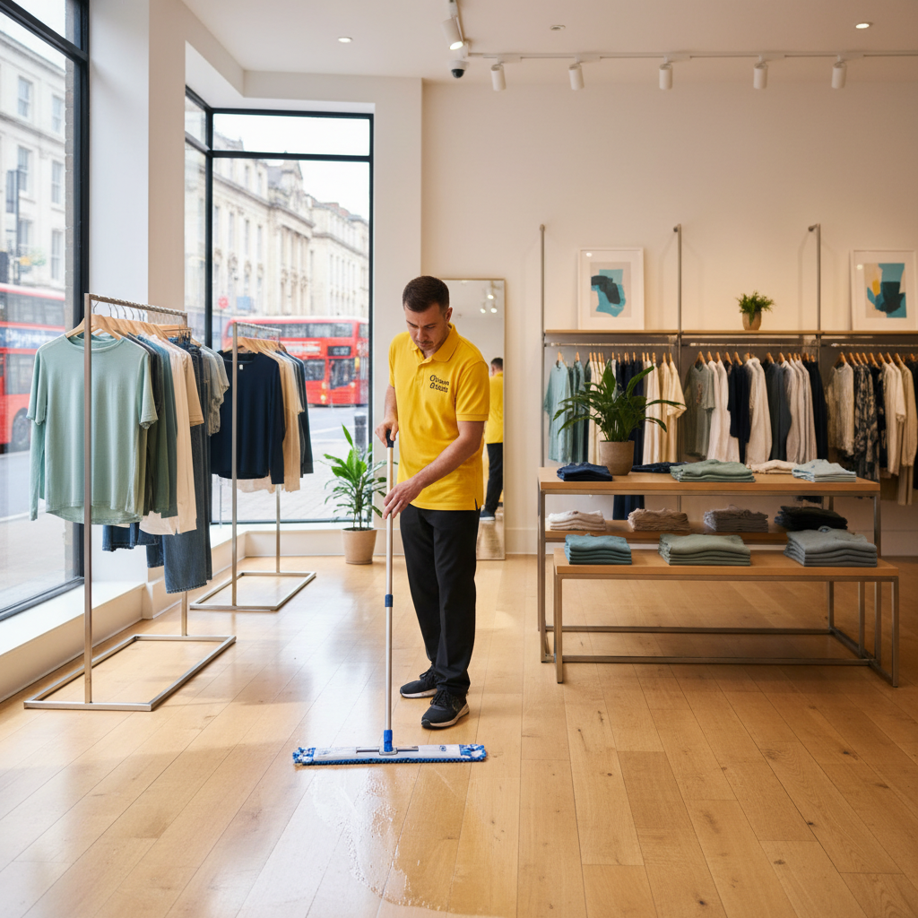 Professional retail cleaner mopping a modern Bristol shop floor between clothing displays