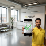 Commercial cleaner using photo-verification app on smartphone in a Bristol office — Clean Bees