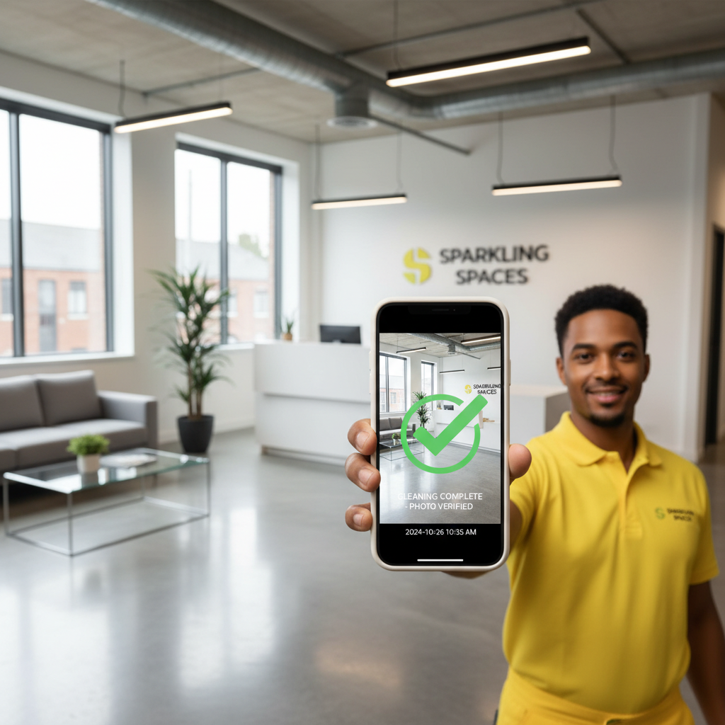 Commercial cleaner using photo-verification app on smartphone in a Bristol office — Clean Bees