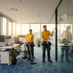 Professional commercial cleaning team working in a modern Bristol office