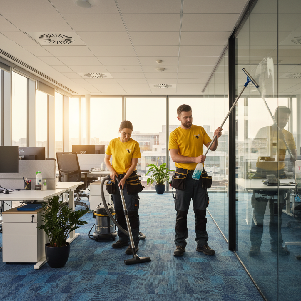 Professional commercial cleaning team working in a modern Bristol office