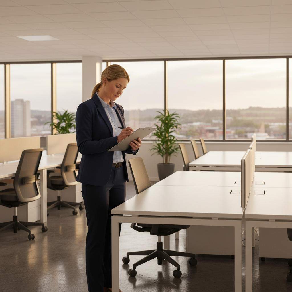 Facilities manager with clipboard inspecting a clean modern office in Bristol
