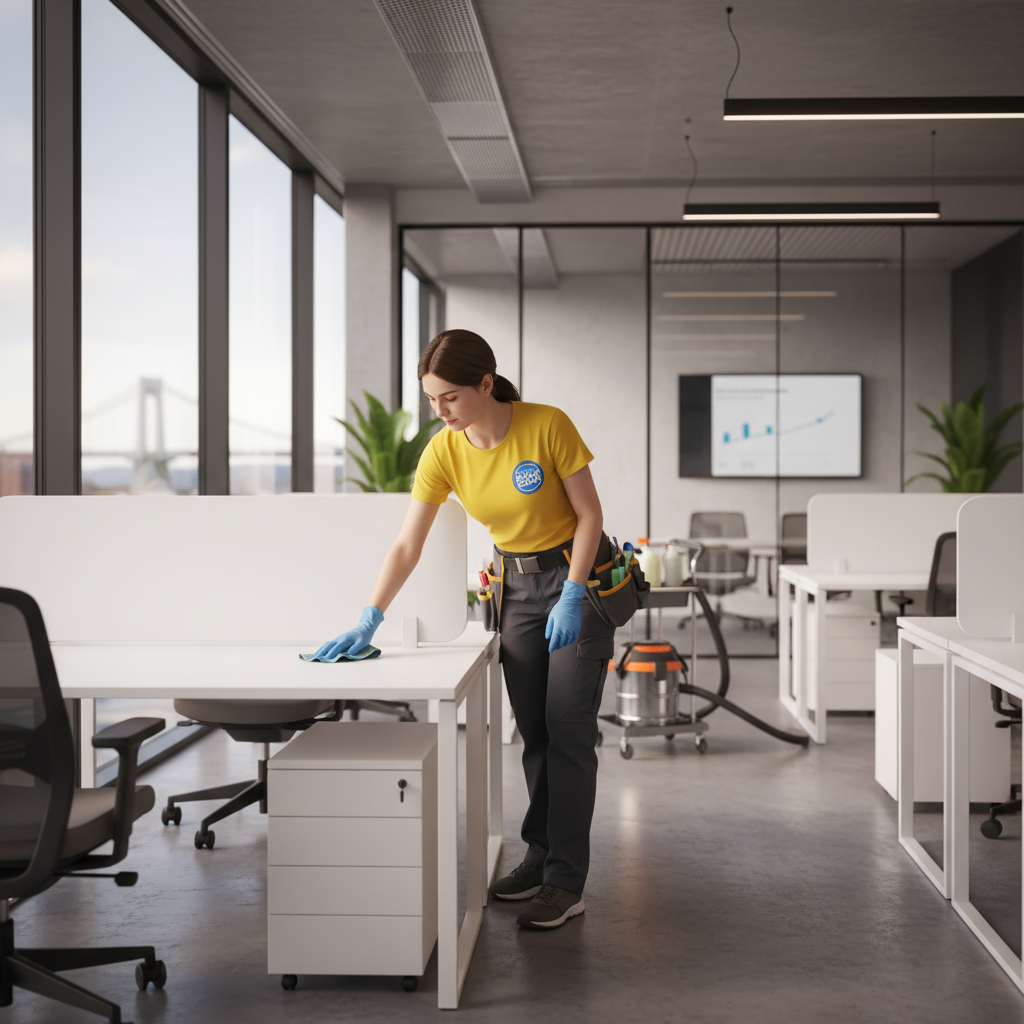 Professional cleaner wiping down office desk in a Bristol commercial office