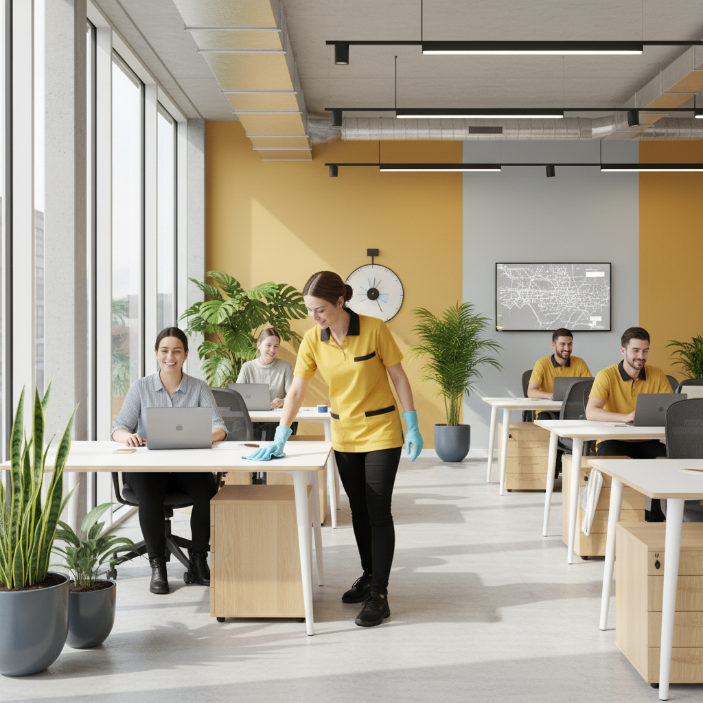 Professional cleaner in a clean Bristol office environment, helping reduce sick days and improve workplace hygiene