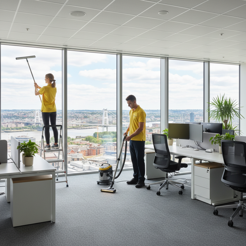 Commercial cleaning team working in a modern Bristol office