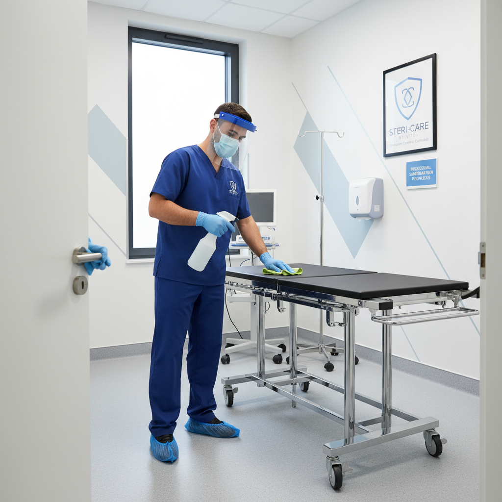 Healthcare professional in protective gear sanitizing clinical equipment and high-touch surfaces in a modern healthcare facility