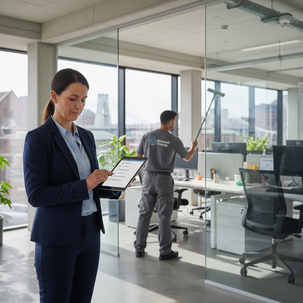 Facilities manager checking office cleaning checklist in a clean Bristol office