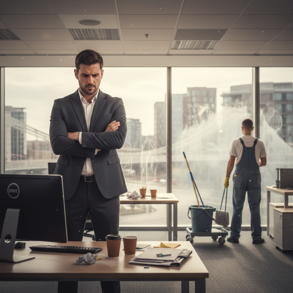 Business owner inspecting office cleanliness standards in a Bristol commercial office