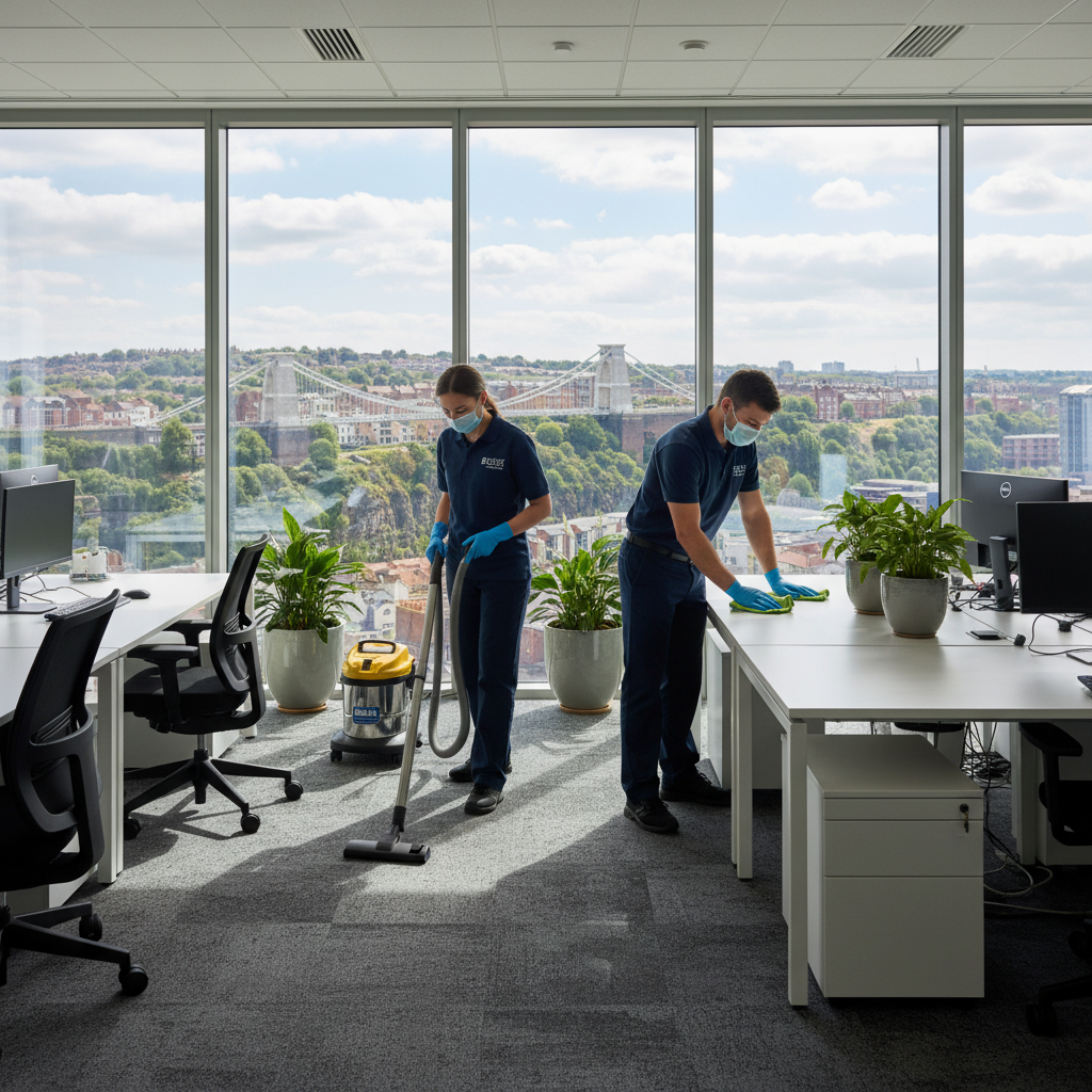 Commercial cleaning professionals at work in a Bristol office space