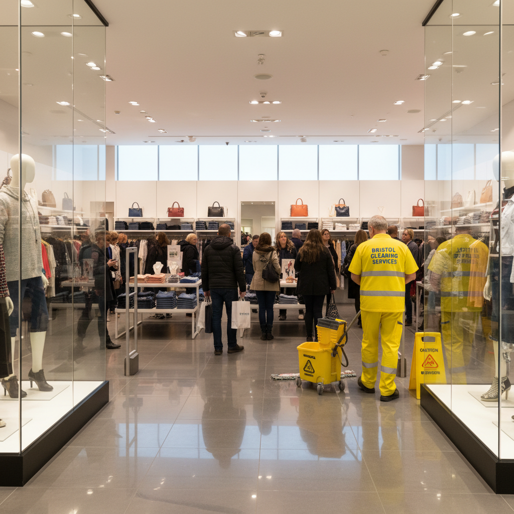Professional retail cleaner mopping the floor of a busy Bristol shop during peak trading hours