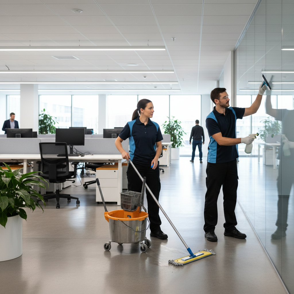 Professional commercial cleaning team working in a Bristol office building