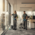 Professional commercial cleaning team working in a modern Bristol office