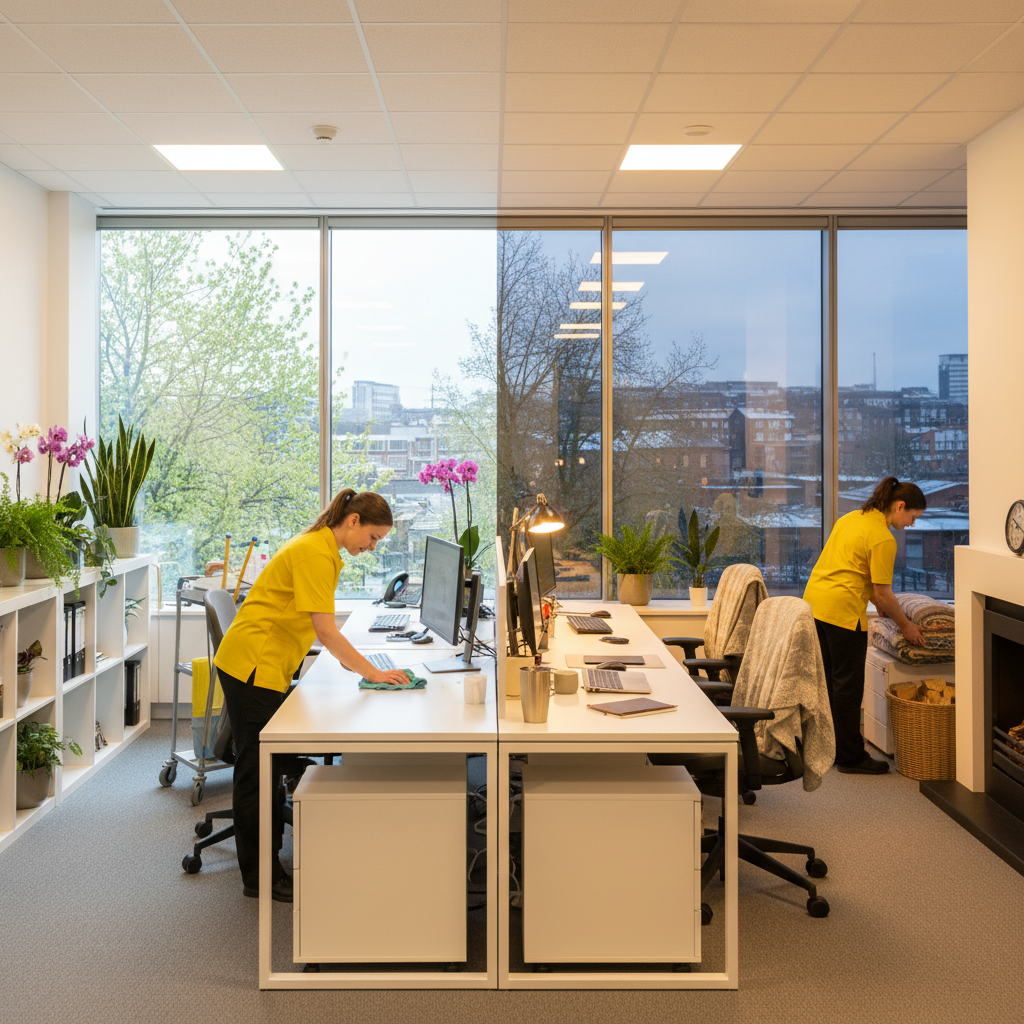 Professional office cleaner preparing a Bristol workspace for seasonal changes