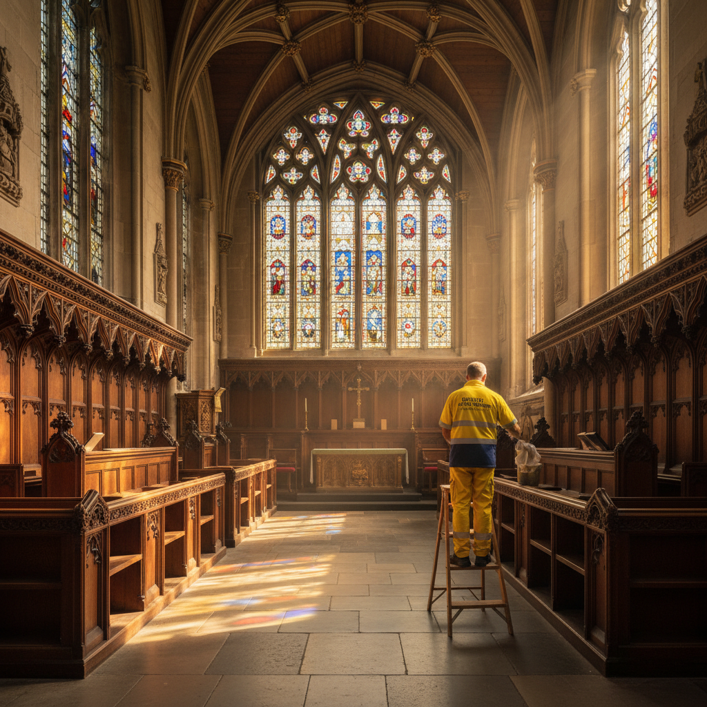 Professional cleaner carefully cleaning the interior of a historic Bristol church with stained glass windows