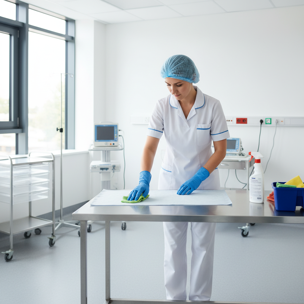 Professional healthcare cleaning staff in protective gear cleaning a modern clinic or care home interior