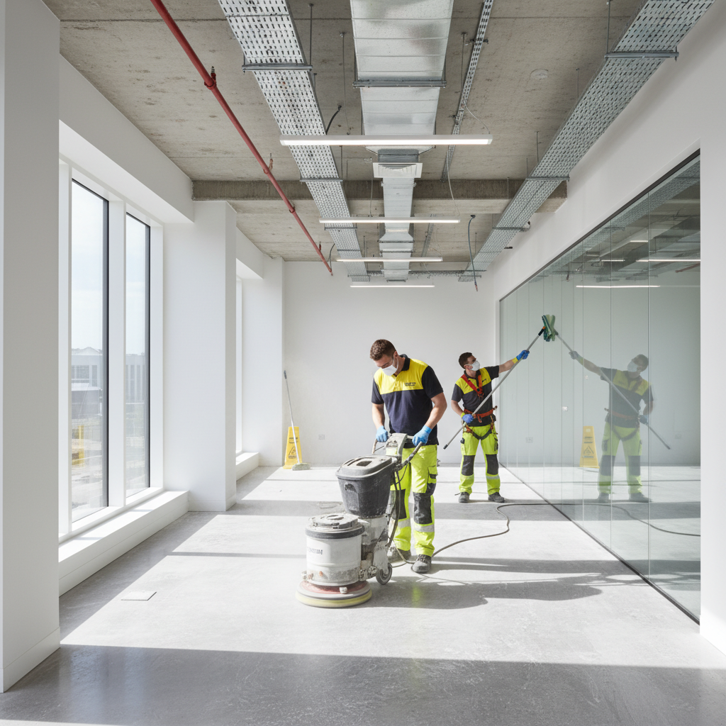 Professional cleaning team clearing construction dust and polishing floors in a new Bristol office after building work