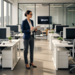 Facilities manager conducting a cleaning audit in a Bristol office with clipboard and checklist