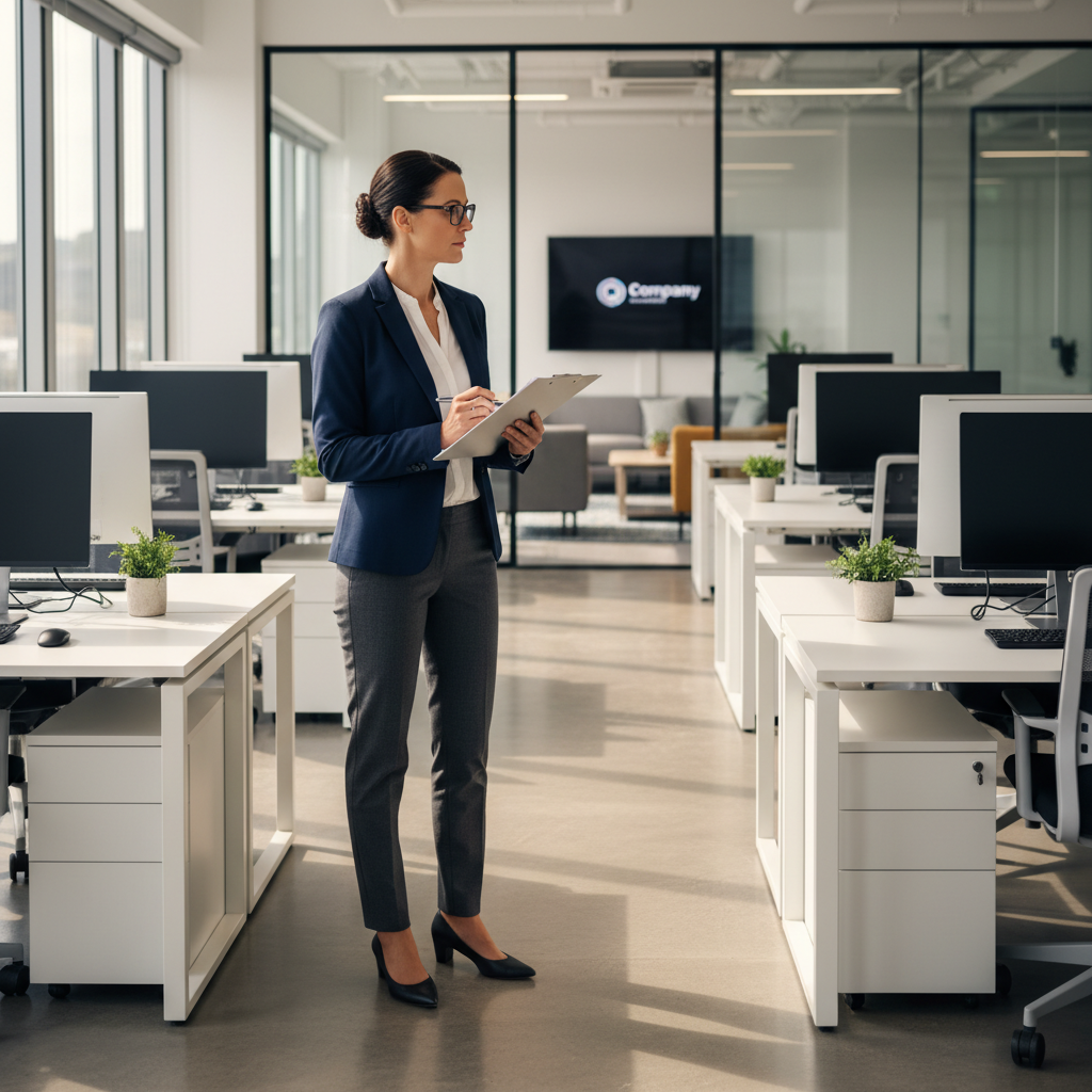 Facilities manager conducting a cleaning audit in a Bristol office with clipboard and checklist