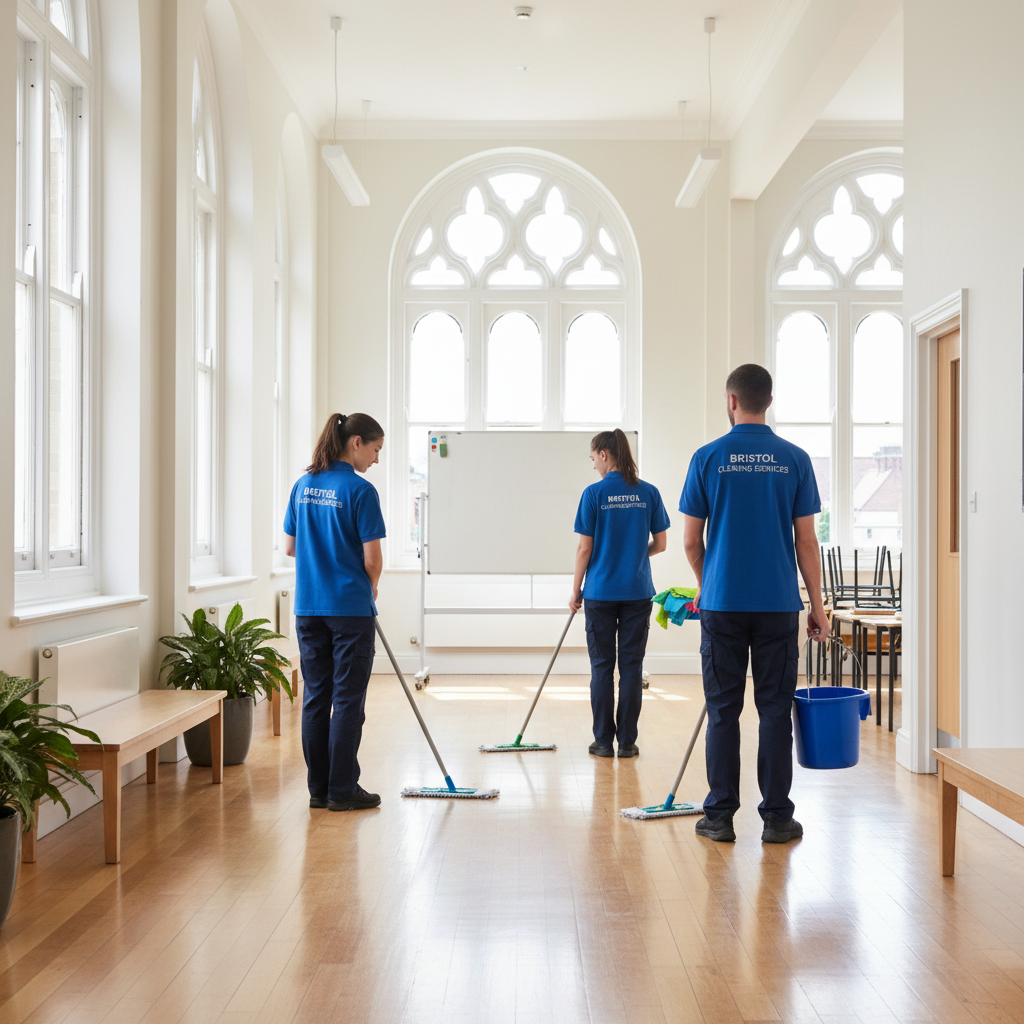 Professional school cleaning scene with uniformed cleaners maintaining a bright, modern school environment