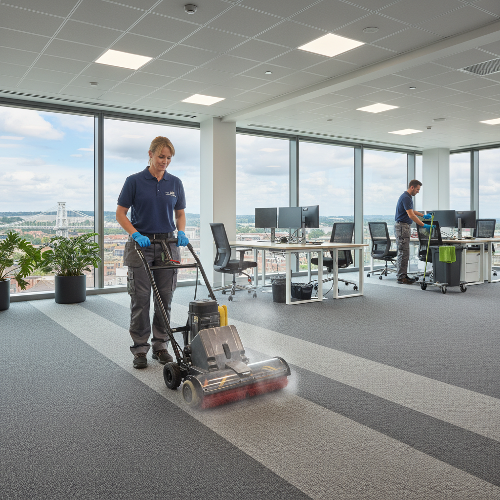 Professional commercial cleaner performing a deep clean in a modern Bristol office