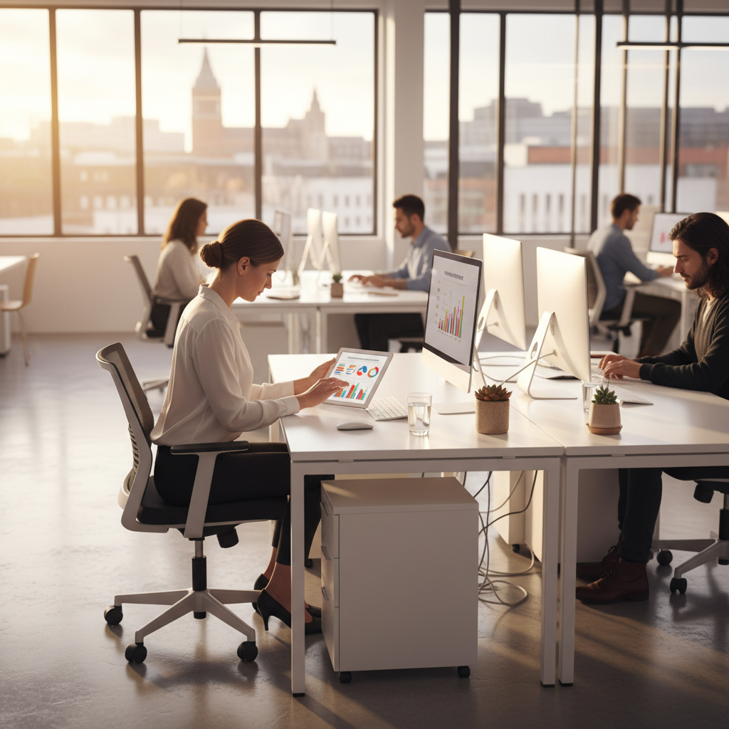 HR manager reviewing workplace health data in a clean, modern Bristol office