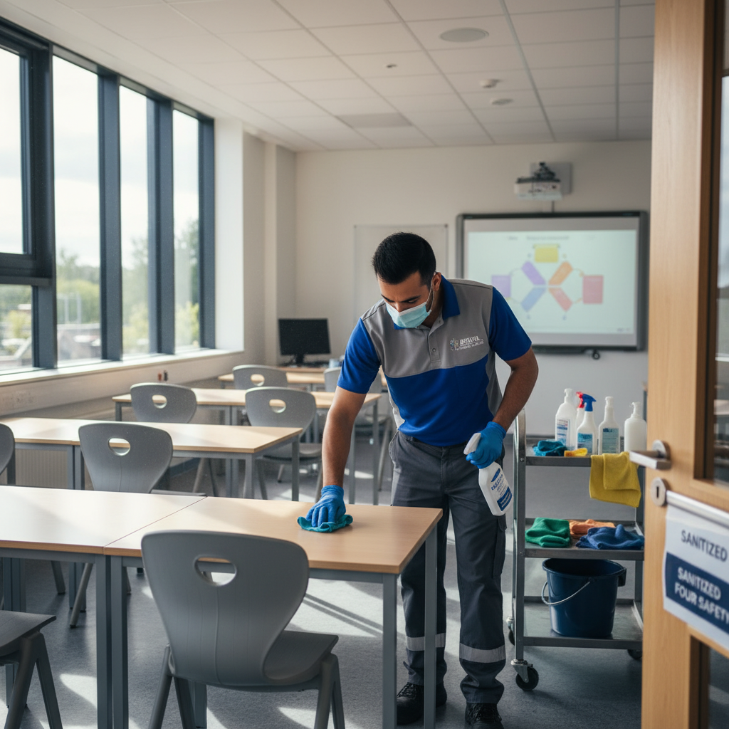 Professional school cleaner sanitizing high-touch surfaces in a classroom to maintain safe educational environment