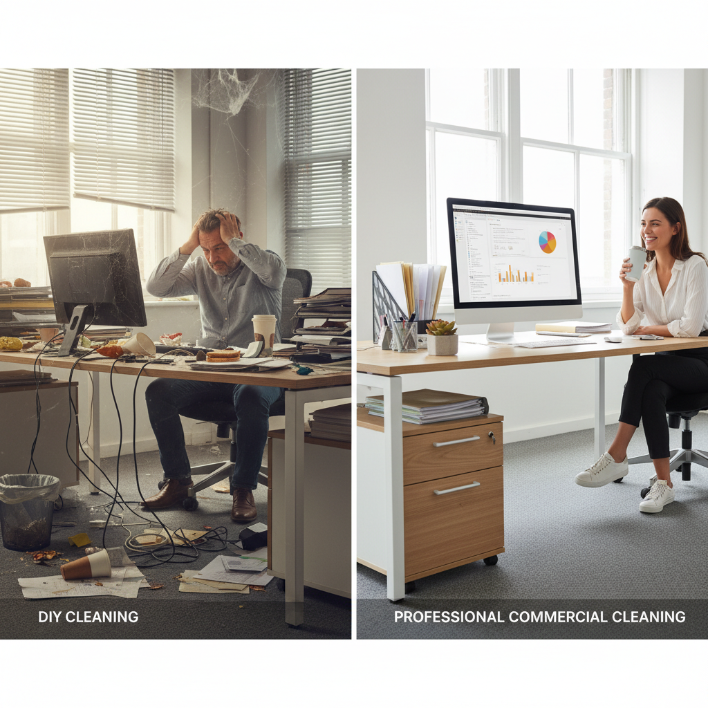 Split comparison of a cluttered dirty office versus a clean professional commercial office space
