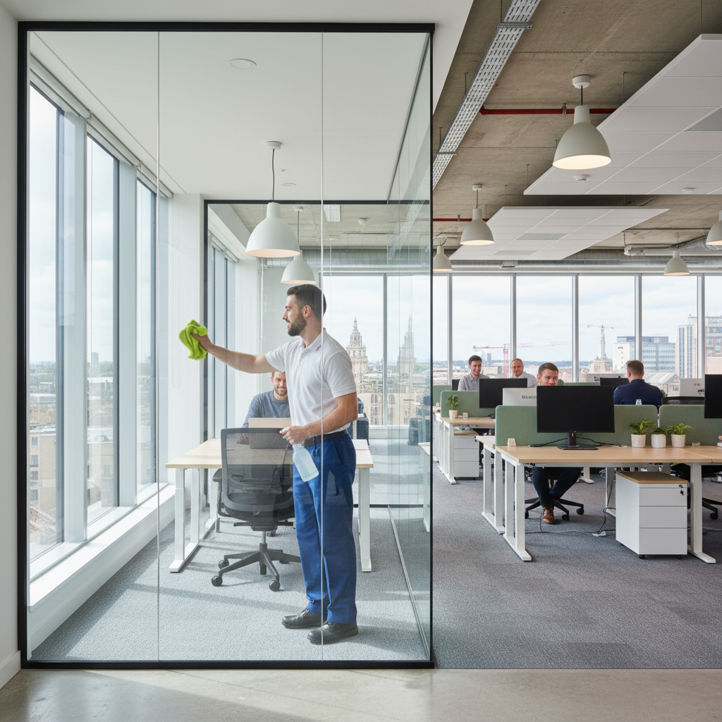 Professional cleaner cleaning a modern Bristol office to improve employee health and reduce sick days