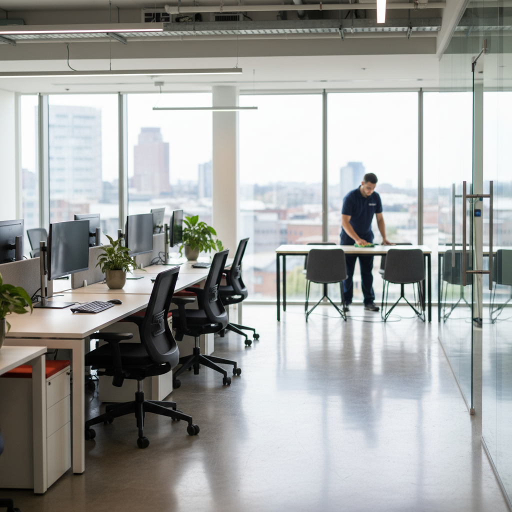 A spotlessly clean modern open-plan office in Bristol with natural light and a professional cleaner working in the background