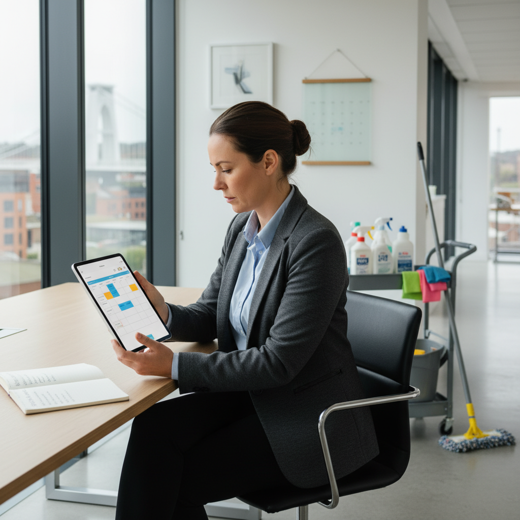 Facilities manager reviewing office cleaning schedule on tablet