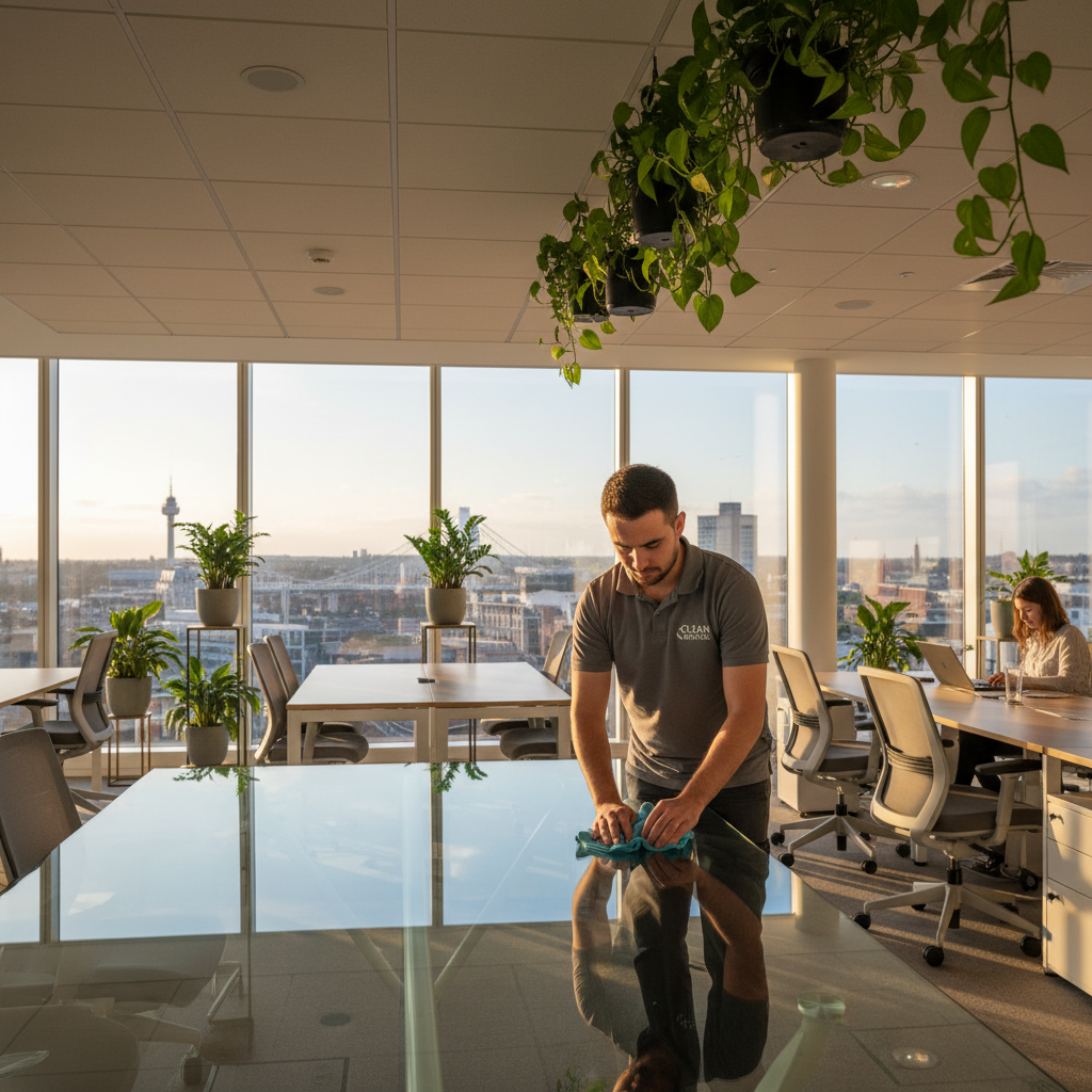 A professional cleaner in a modern Bristol office, polishing a glass desk in a bright open-plan workspace