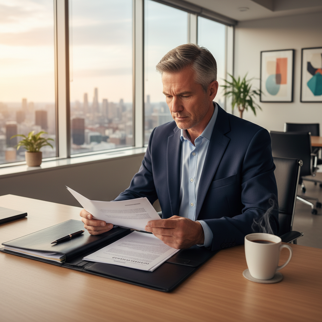 A facilities manager reviewing a commercial cleaning contract at a desk in a Bristol office