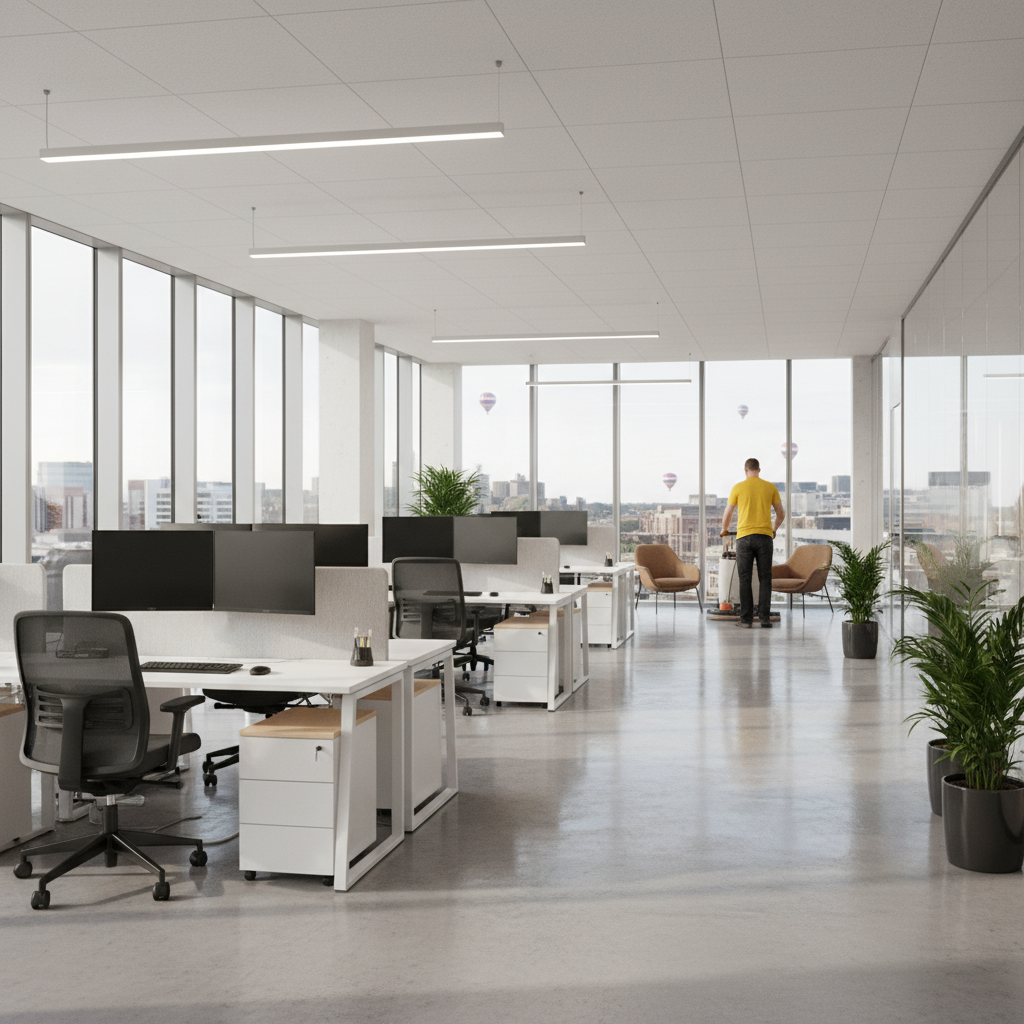 Clean modern Bristol office interior with professional commercial cleaner in background