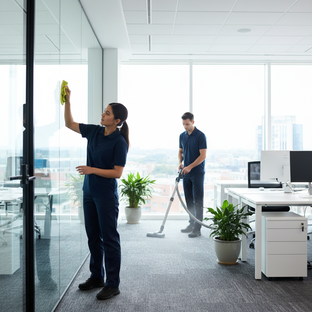 Professional commercial cleaning team working in a modern Bristol office